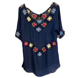 RAIN Women’s Crocheted Flower Trim Bohemian Retro 70’s Navy Tunic Top Shirt-L